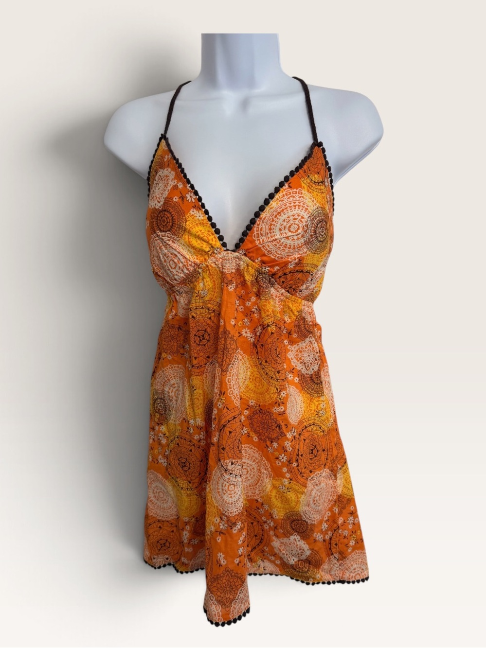 Boho/ Y2K Orange Printed Babydoll Tunic Top/Dress Festival Size XL Beaded Ties